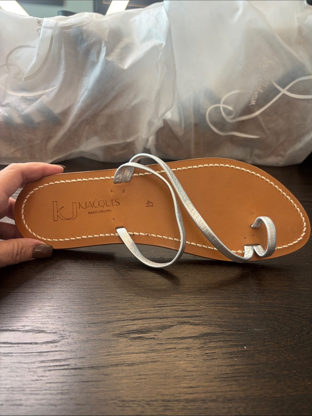 K.Jacques Metallic Silver Leather Toe-Loop Sandal